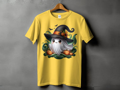 Yellow t-shirt with cute ghost wearing witch hat, pumpkins, and bats graphic.