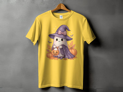 Yellow t-shirt with a cartoon ghost wearing a witch hat and holding a pumpkin.