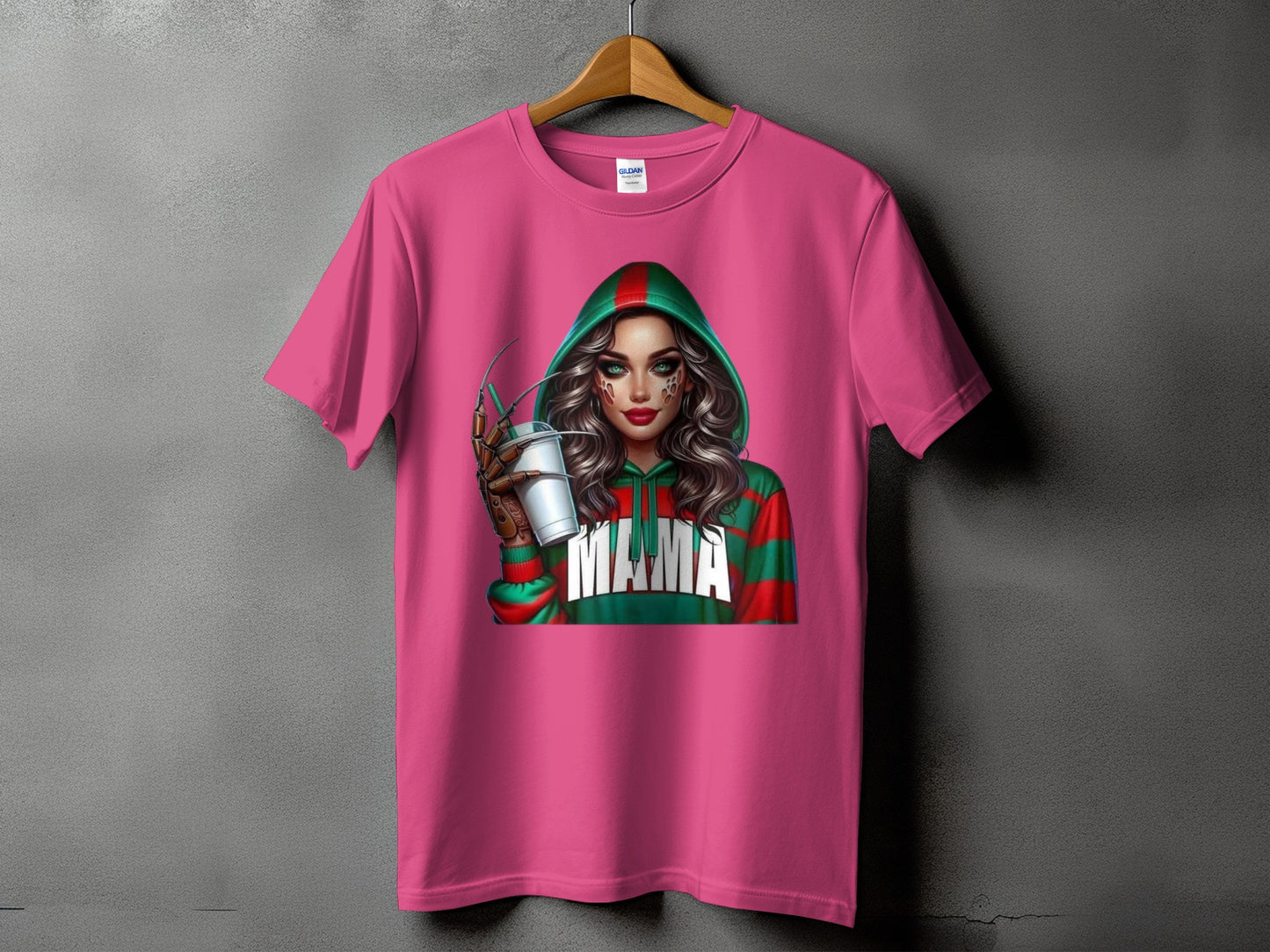Pink t-shirt with graphic of woman in hooded sweatshirt with "MAMA" text.