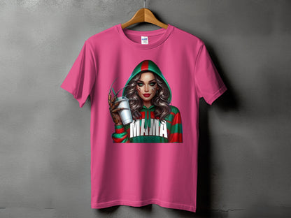 Pink t-shirt with graphic of woman in hooded sweatshirt with "MAMA" text.