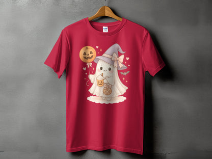 Red t-shirt with a cute ghost, pumpkin balloon, and candy for Halloween.