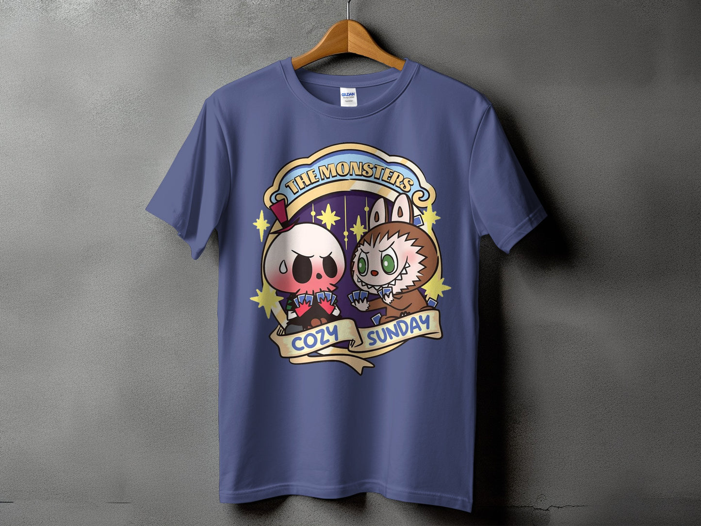 Purple t-shirt with "The Monsters Cozy Sunday" graphic featuring cartoon skull and werewolf.