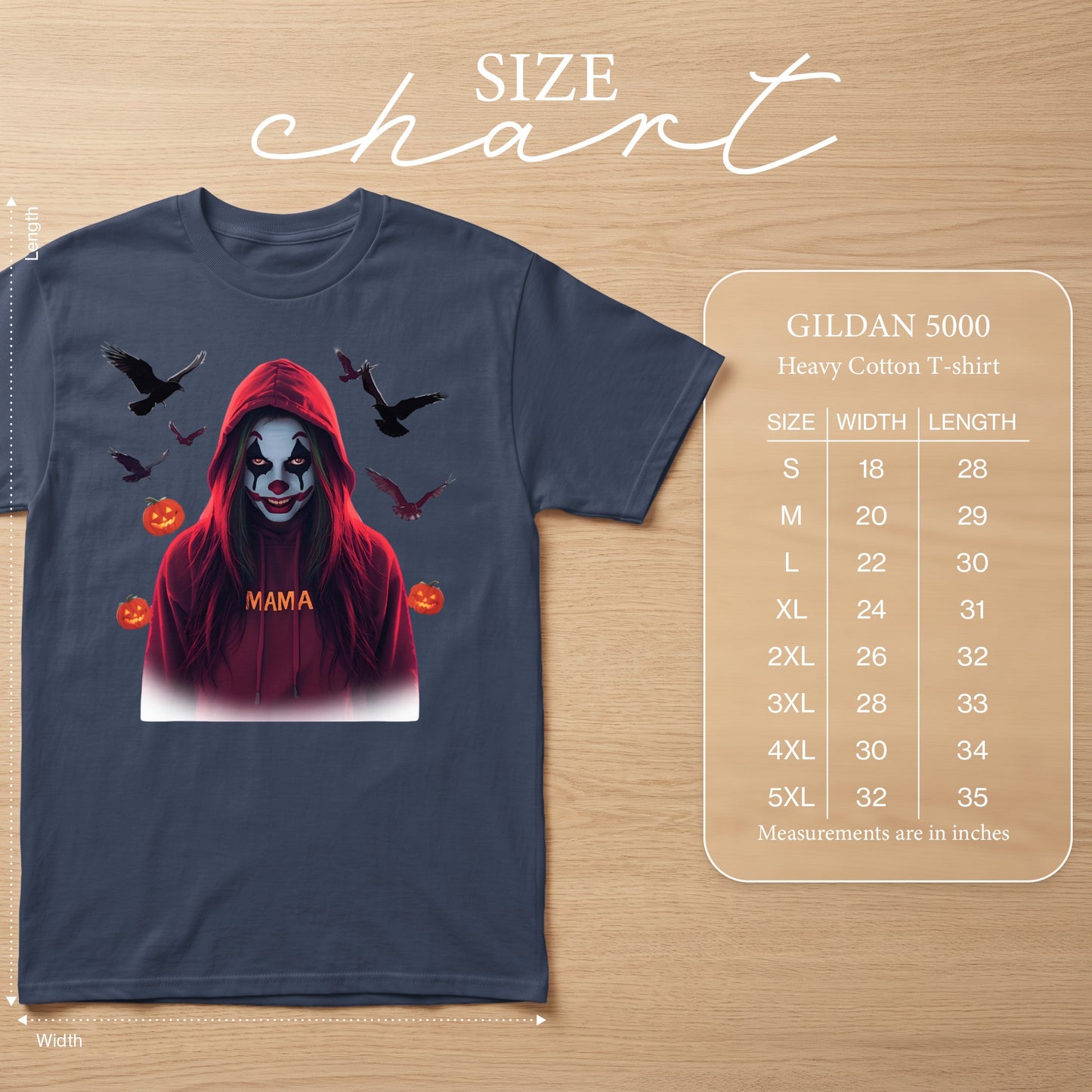 Gildan 5000 Heavy Cotton T-shirt with Mama clown design and size chart.