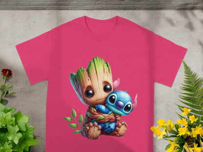 Groot hugging Stitch, cartoon characters on a pink t-shirt.