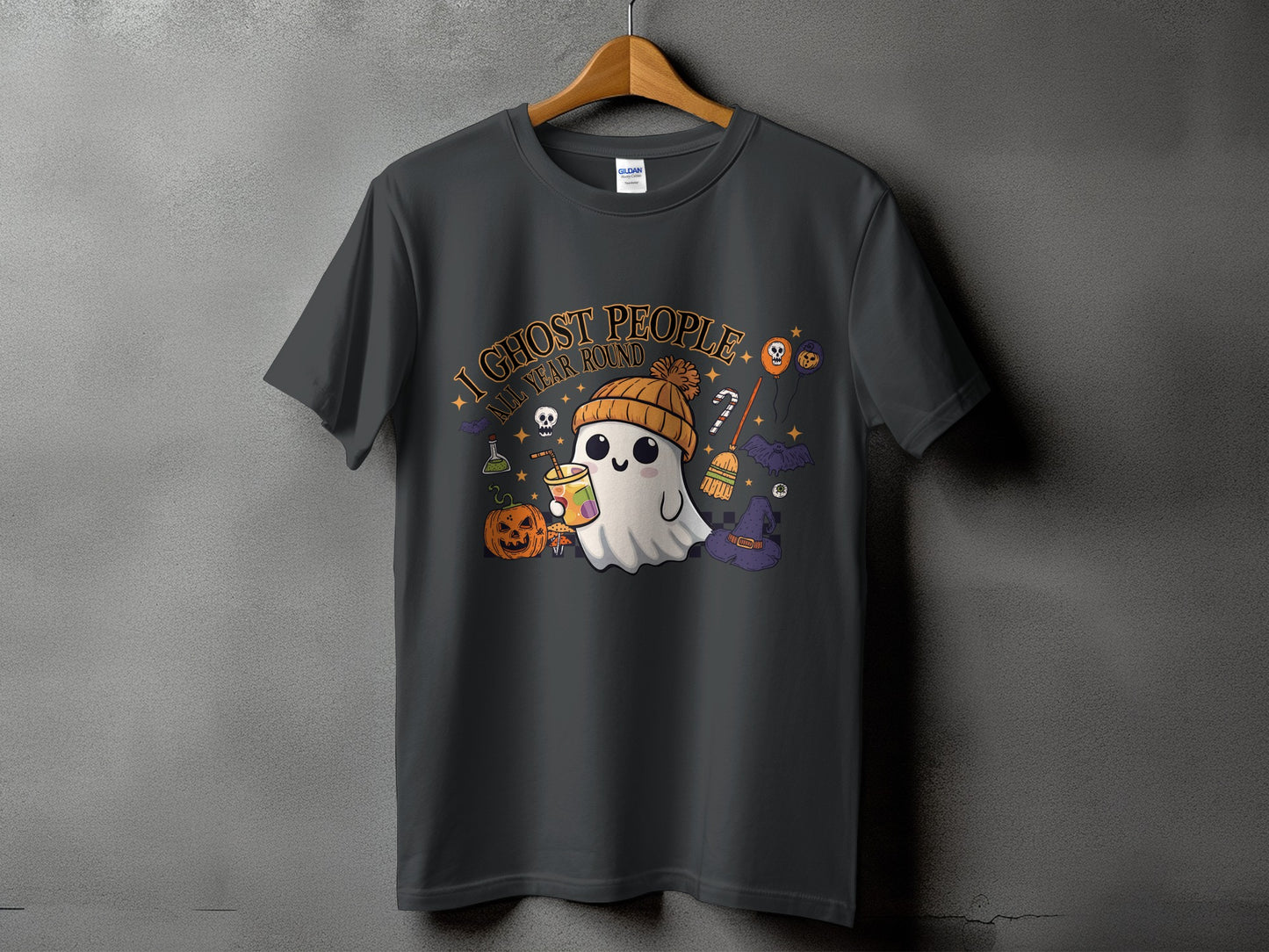 Gray t-shirt with a ghost graphic and "I Ghost People All Year Round" text.