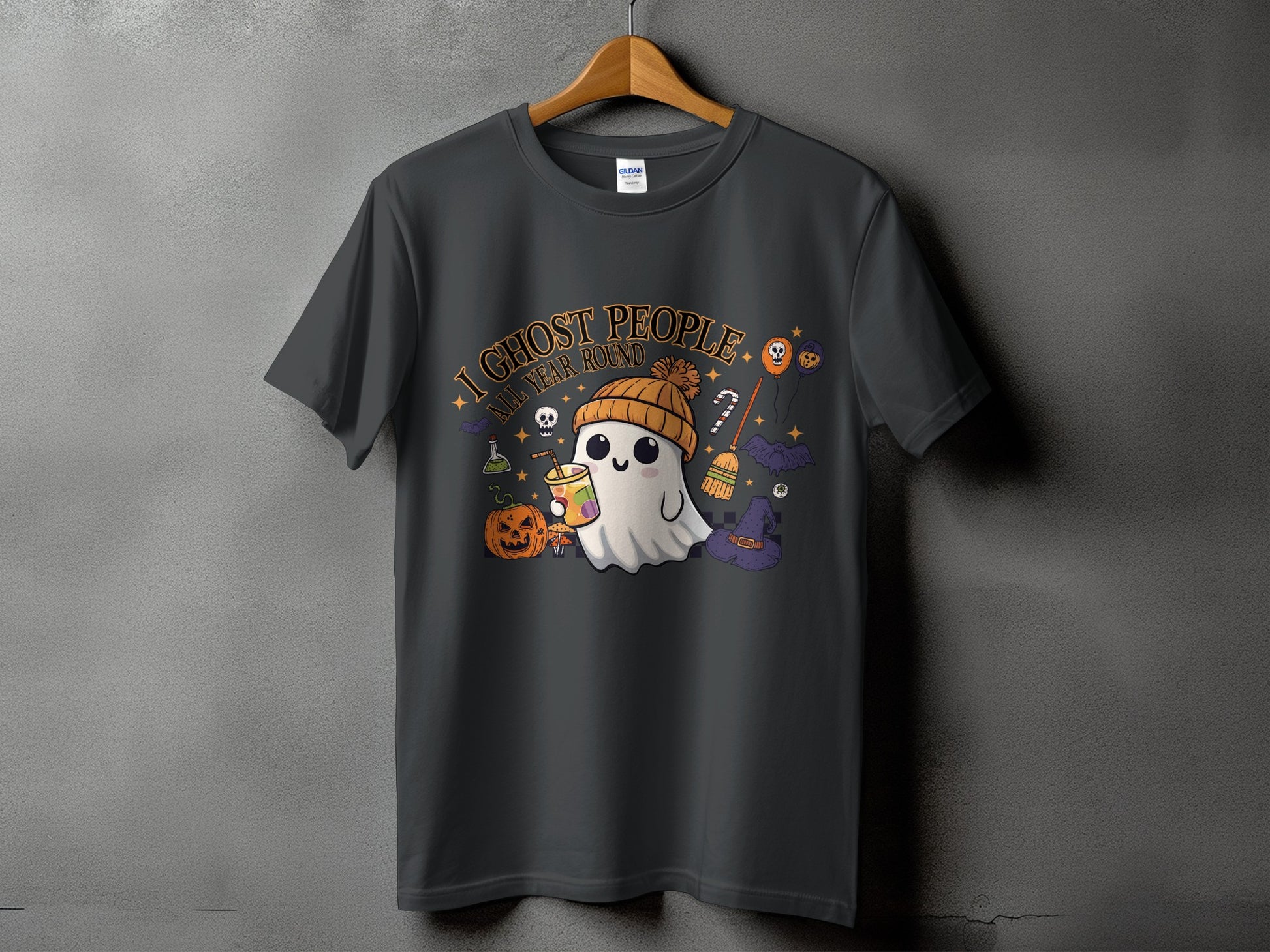 Gray t-shirt with a ghost graphic and "I Ghost People All Year Round" text.