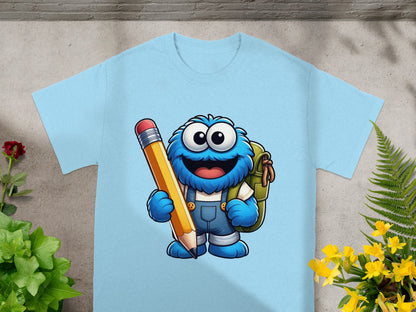 Blue monster character wearing overalls holding a large pencil and backpack.