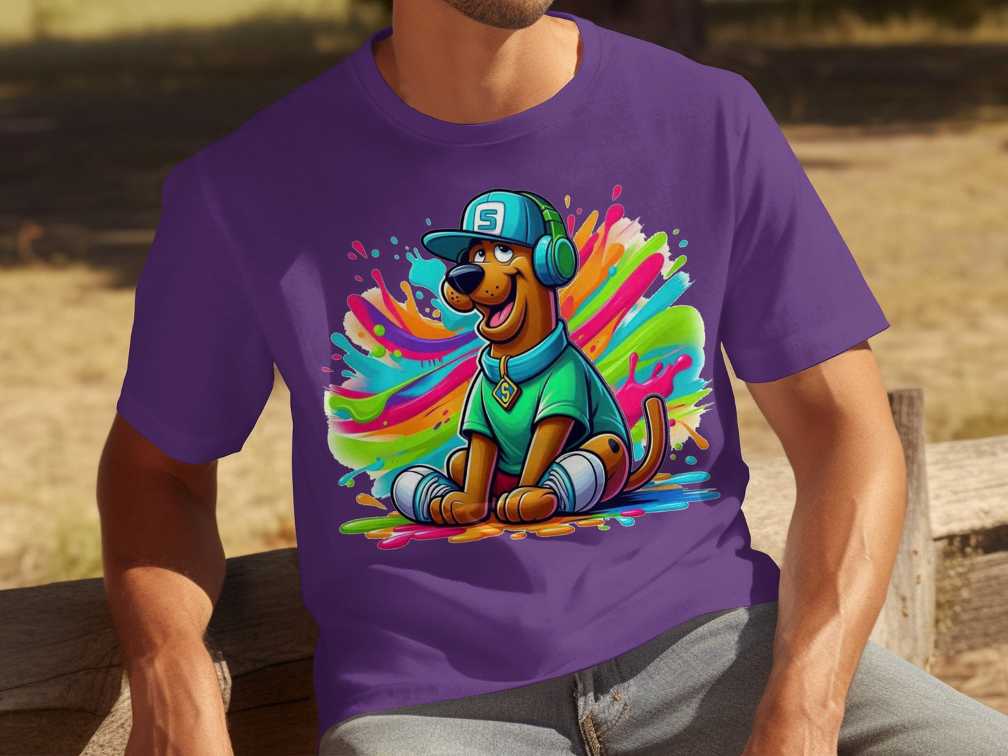 Colorful Cartoon Dog Print on Purple T-shirt Product