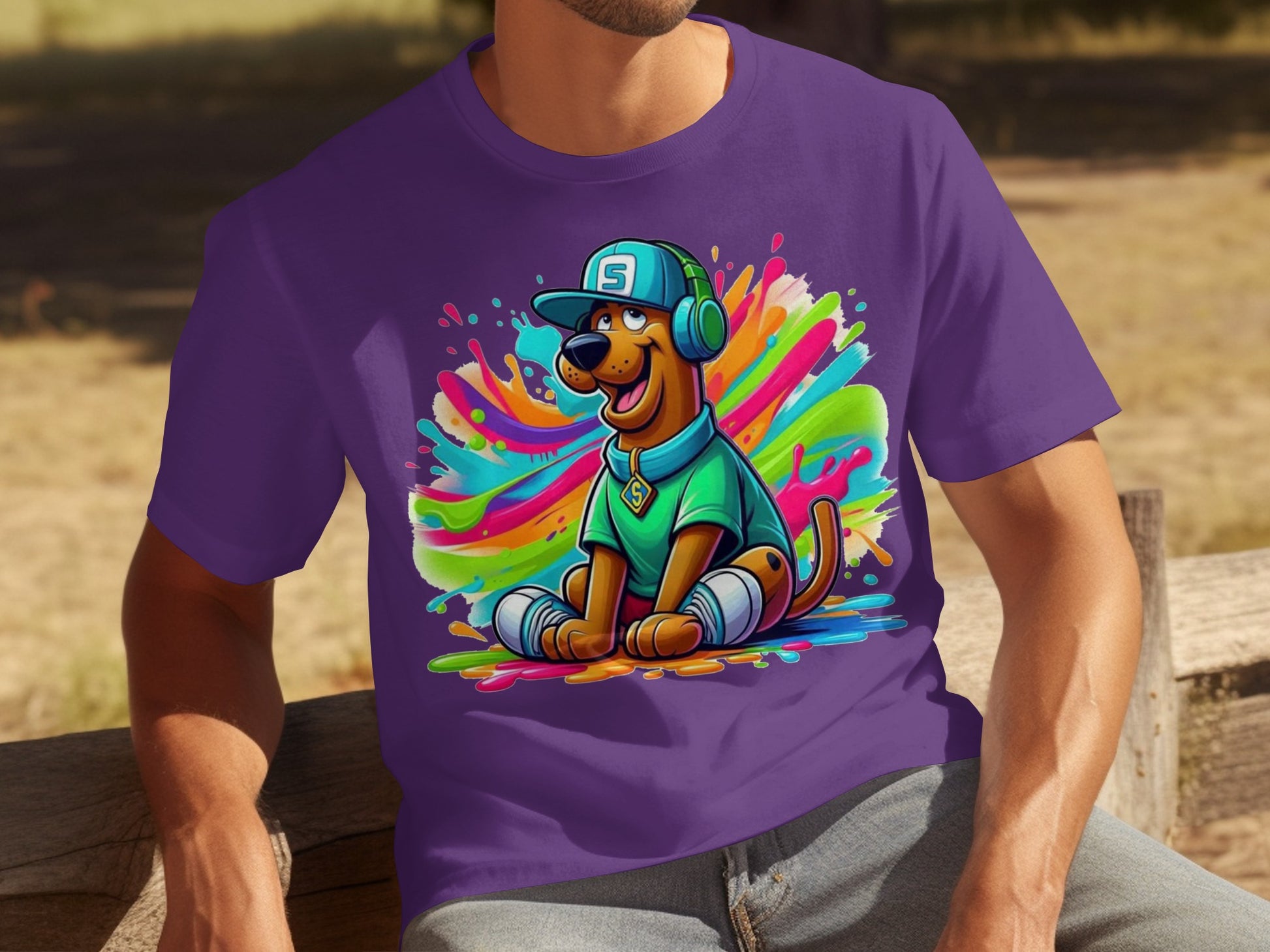 Colorful Cartoon Dog Print on Purple T-shirt Product