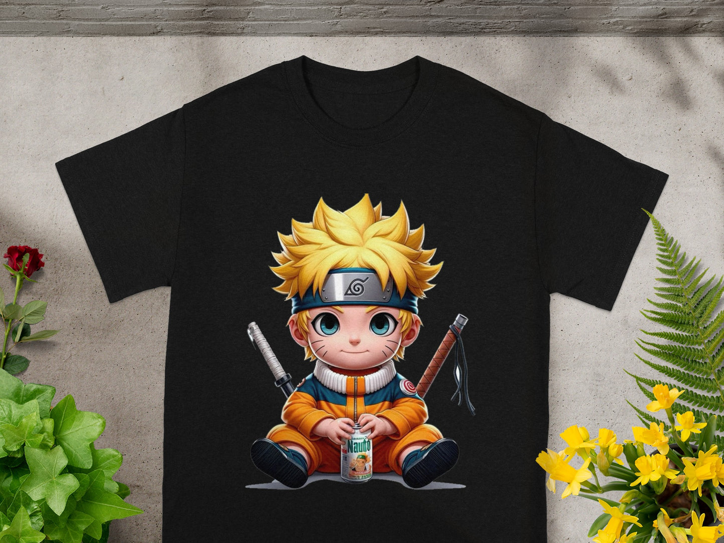 Naruto character sitting with a drink, wearing a black t-shirt.
