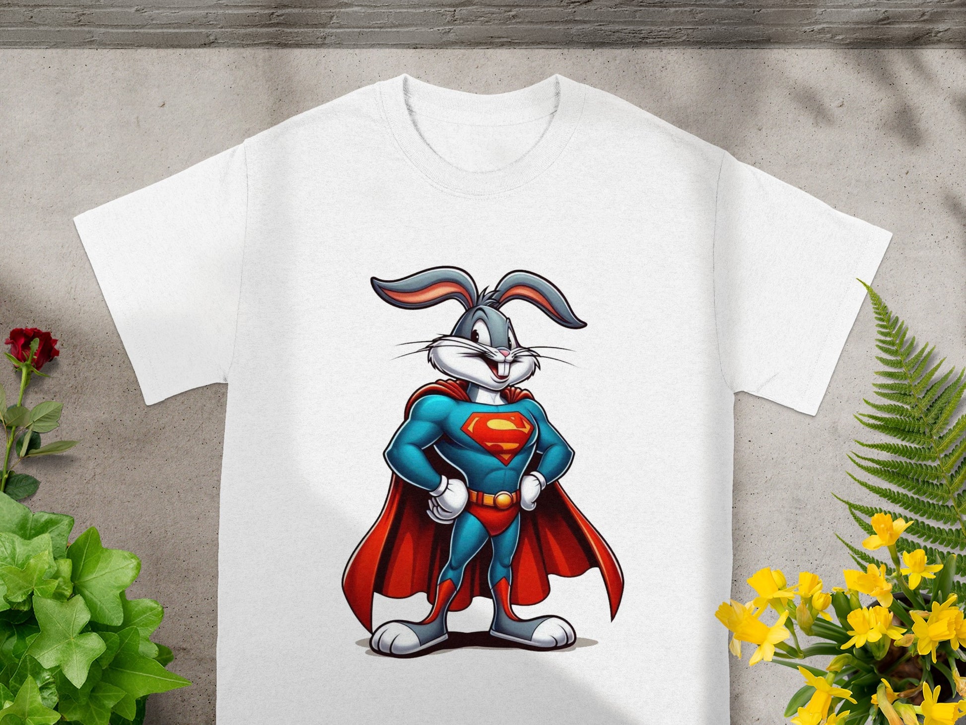 Bugs Bunny wears a Superman costume on a white t-shirt.