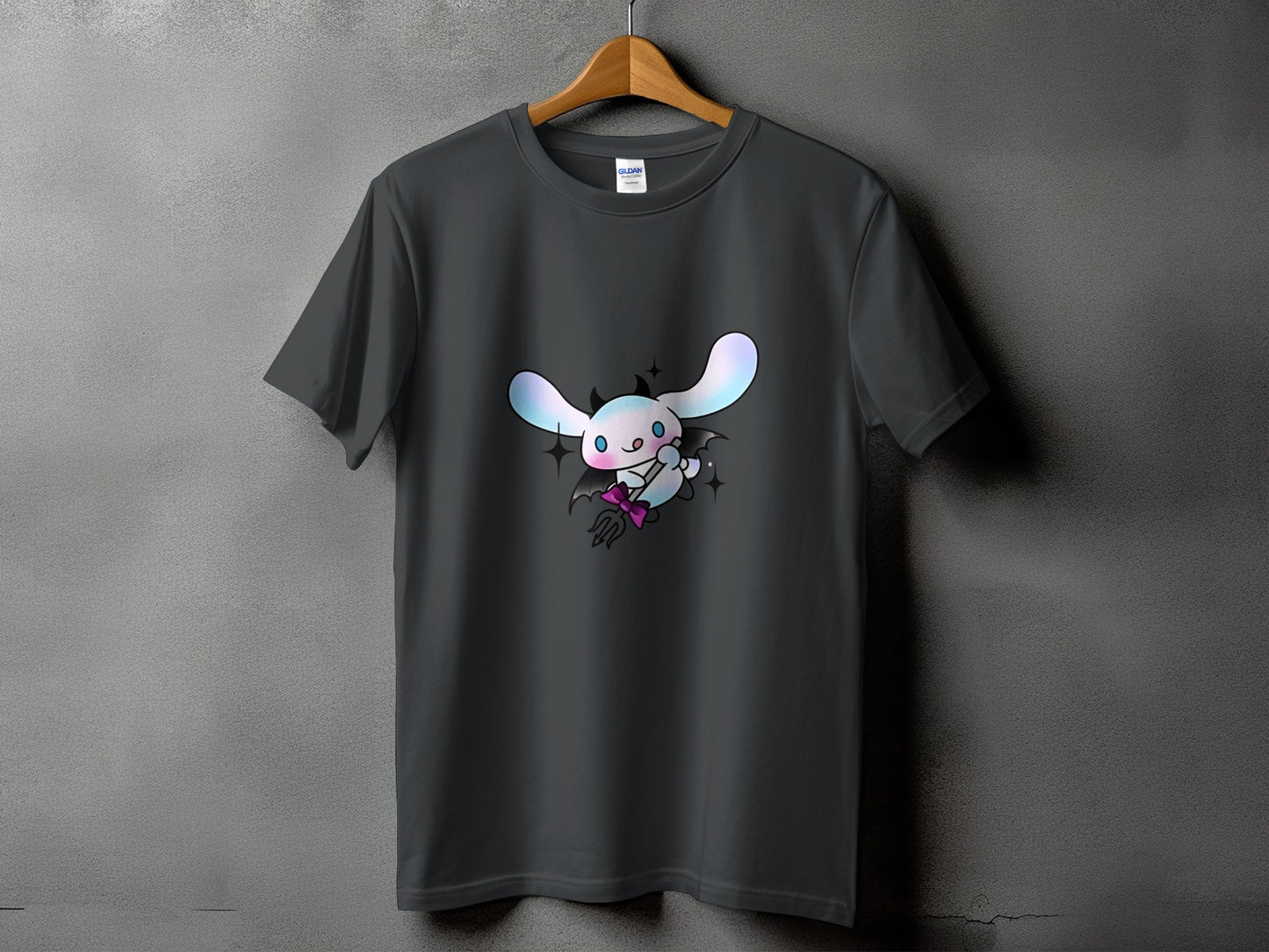 Dark grey t-shirt with a cartoon bunny character in a devil costume.