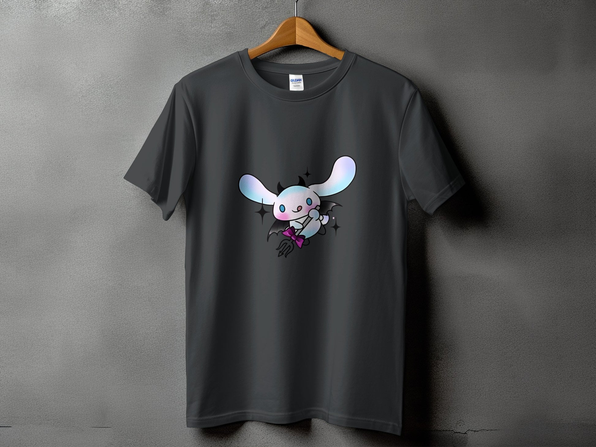 Dark grey t-shirt with a cartoon bunny character in a devil costume.