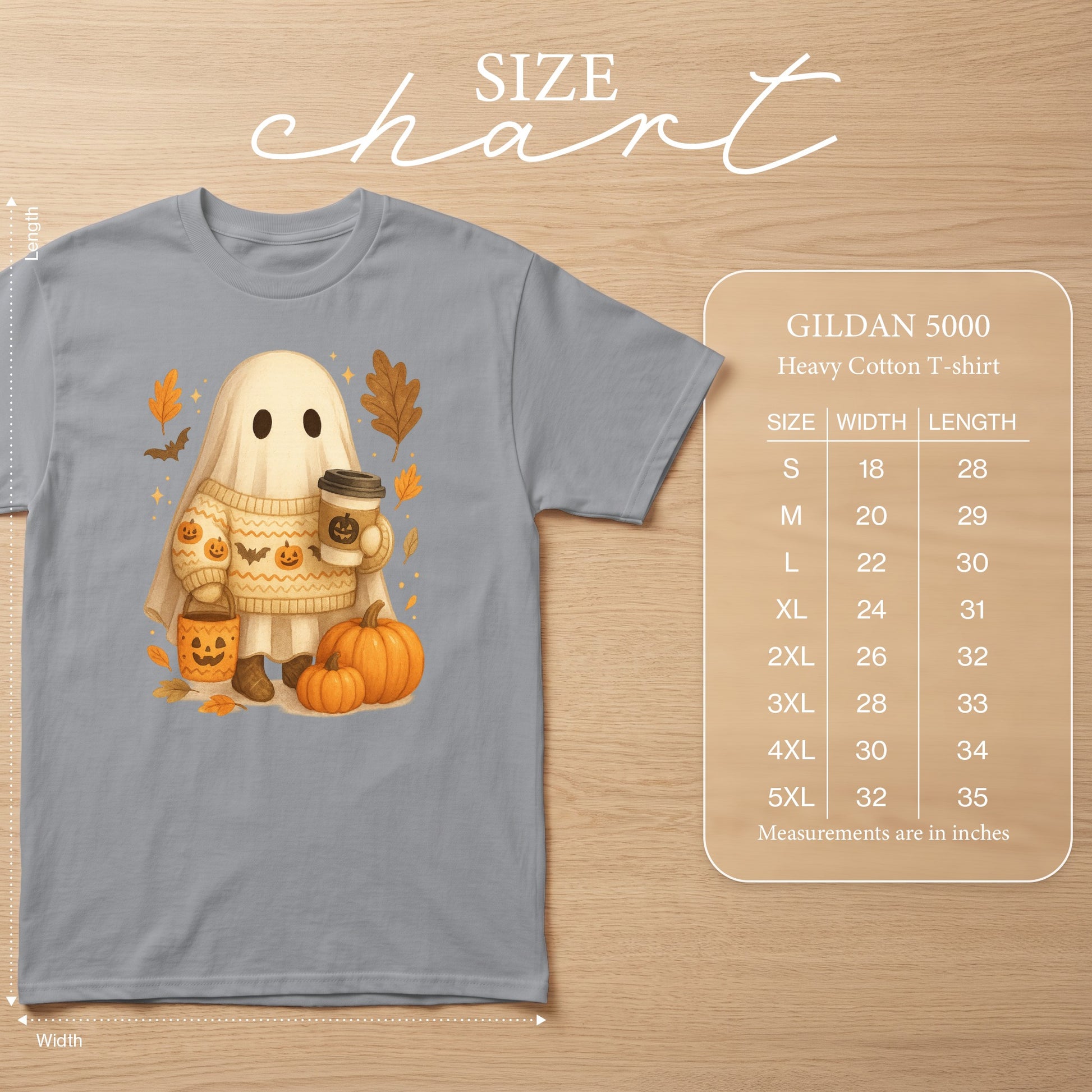 Ghost in sweater holding coffee, with pumpkins and leaves. Size chart shown.
