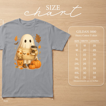 Ghost in sweater holding coffee, with pumpkins and leaves. Size chart shown.