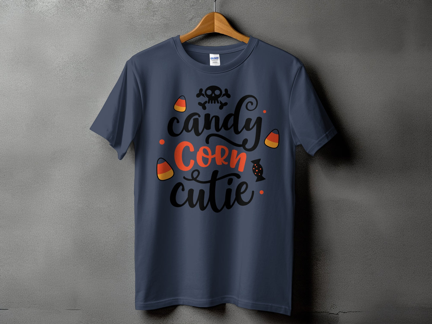 Navy t-shirt with "candy corn cutie" and Halloween graphics.