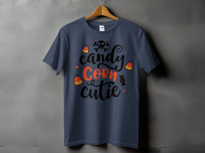 Navy t-shirt with "candy corn cutie" and Halloween graphics.