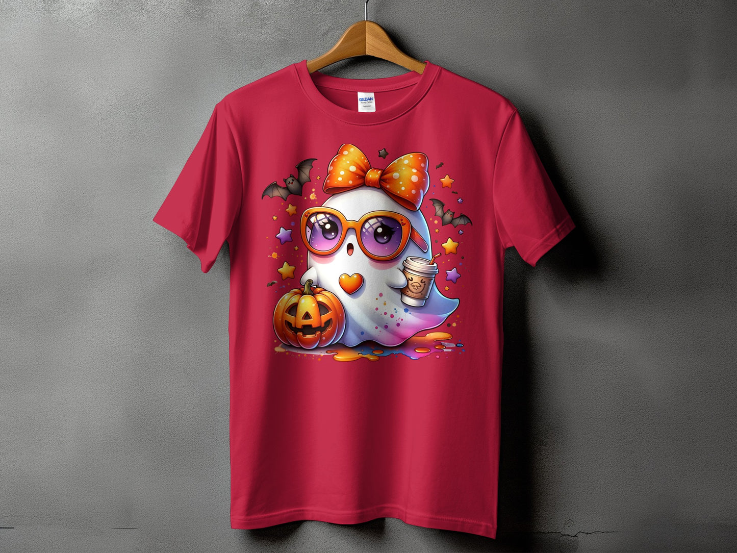 Cute ghost with sunglasses, pumpkin, and coffee on a red t-shirt.
