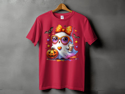 Cute ghost with sunglasses, pumpkin, and coffee on a red t-shirt.
