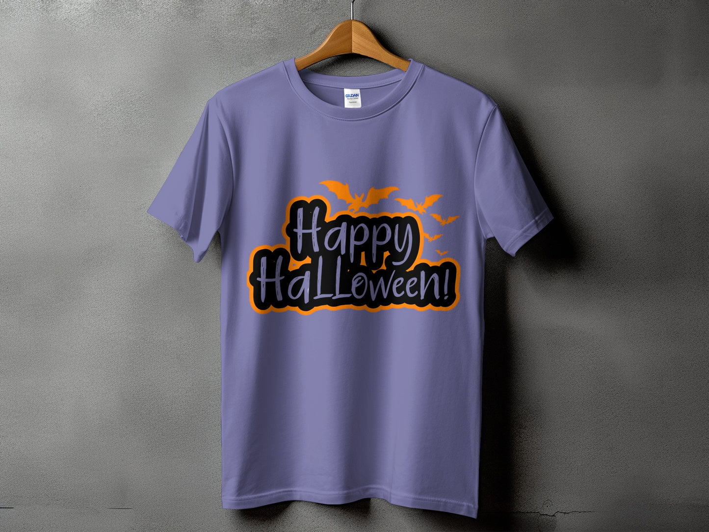 Lavender t-shirt with "Happy Halloween!" text and orange bats graphic.