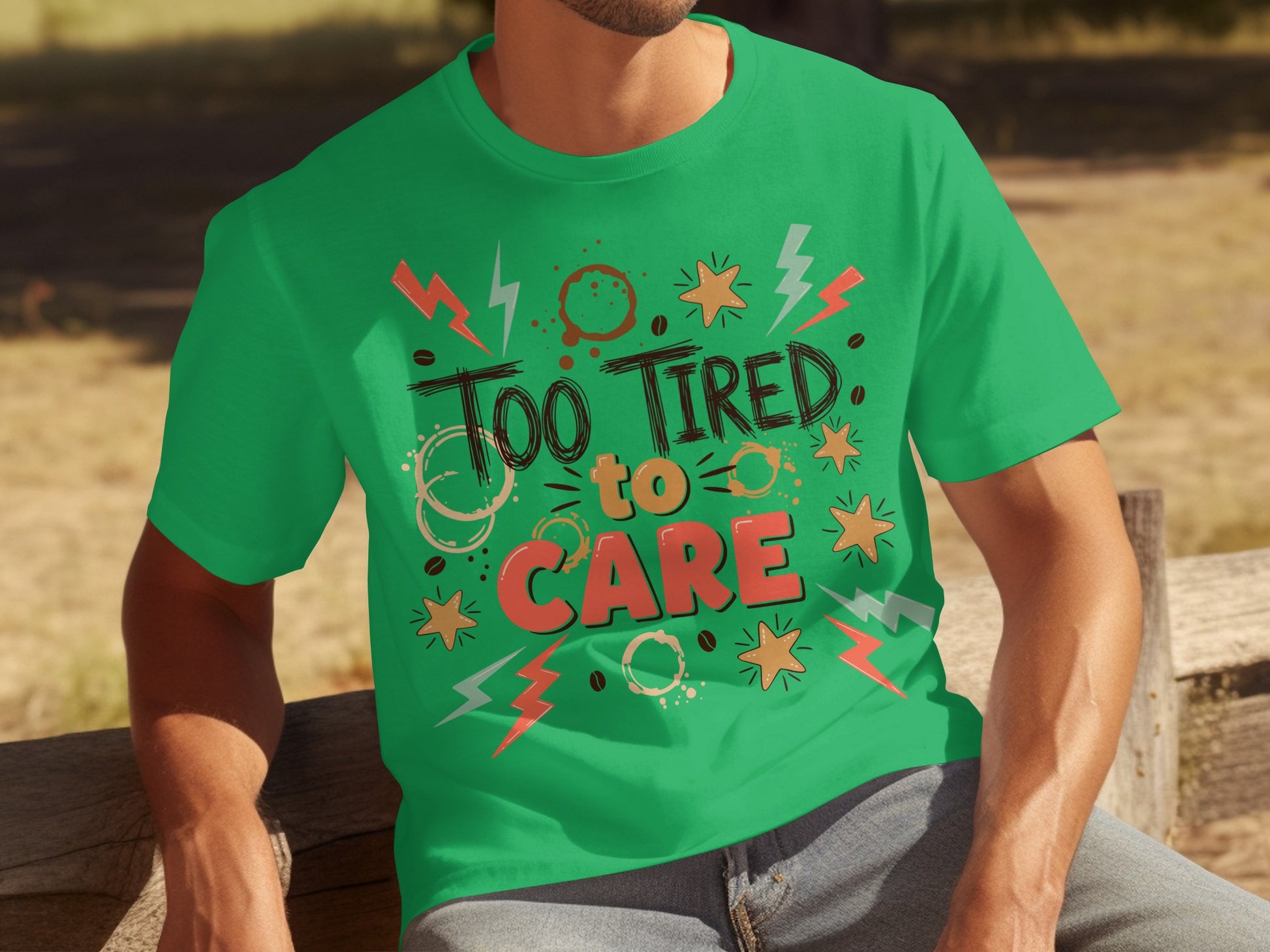Too Tired to Care Graphic Tee with Lightning and Stars