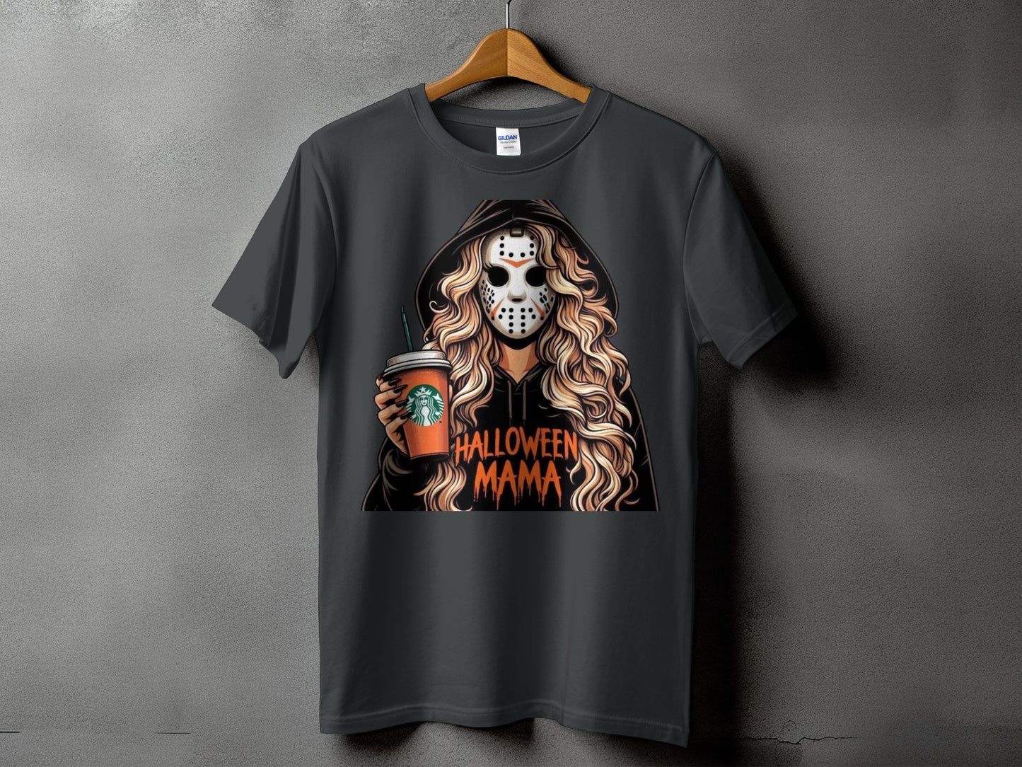 Dark gray t-shirt with "Halloween Mama" graphic of masked figure holding a coffee cup.
