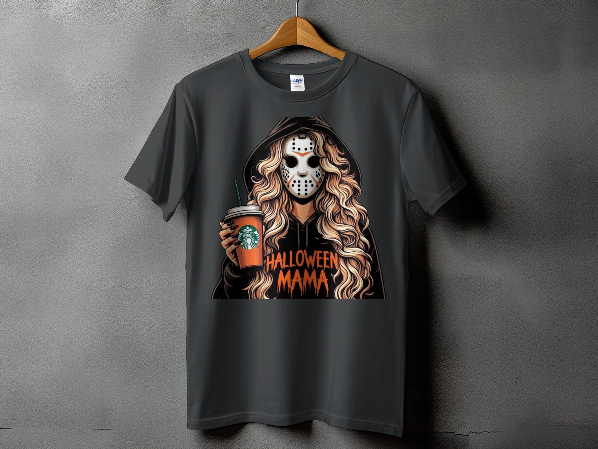Dark gray t-shirt with "Halloween Mama" graphic of masked figure holding a coffee cup.