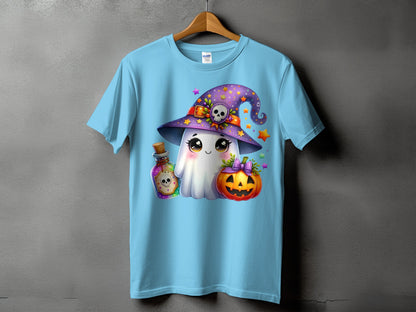 Light blue t-shirt with Halloween ghost, pumpkin, potion, and witch hat graphic.