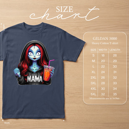Dark blue t-shirt featuring a spooky cartoon character holding a drink, with "MAMA" text.