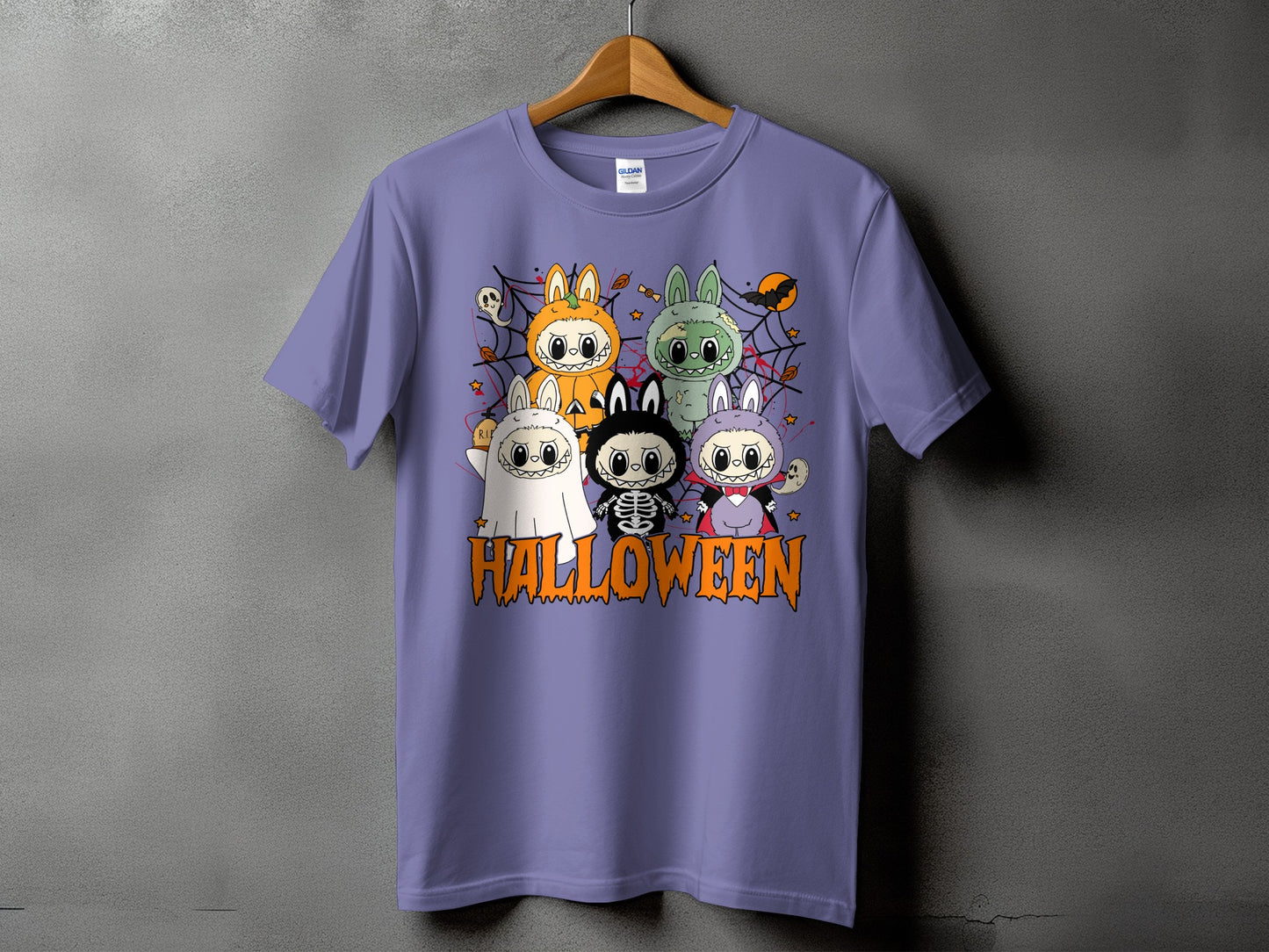 Purple t-shirt with five cartoon Halloween characters and the word "HALLOWEEN".