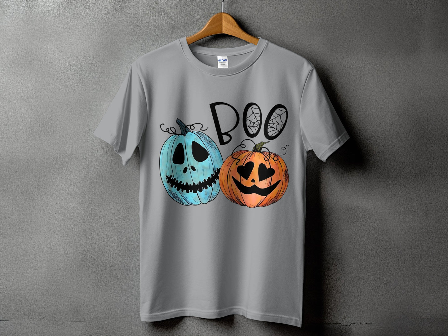 Gray t-shirt with "BOO" text and two cartoon pumpkins.