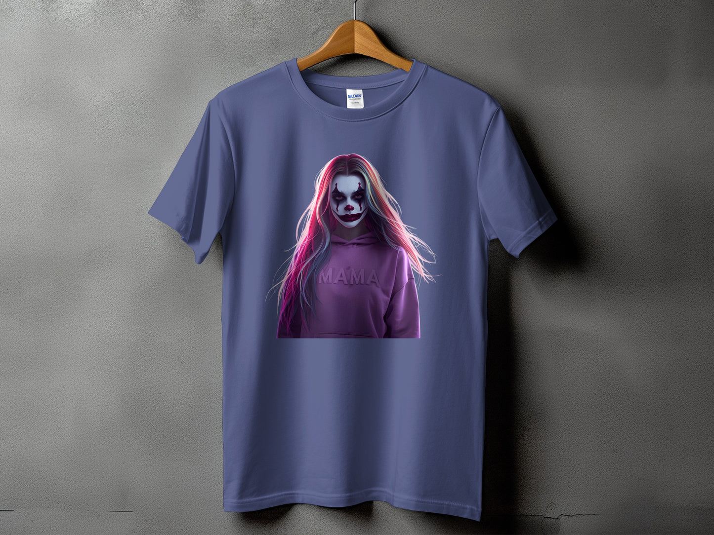 T-shirt with a graphic of a person with clown makeup and the word "MAMA" on a hoodie.