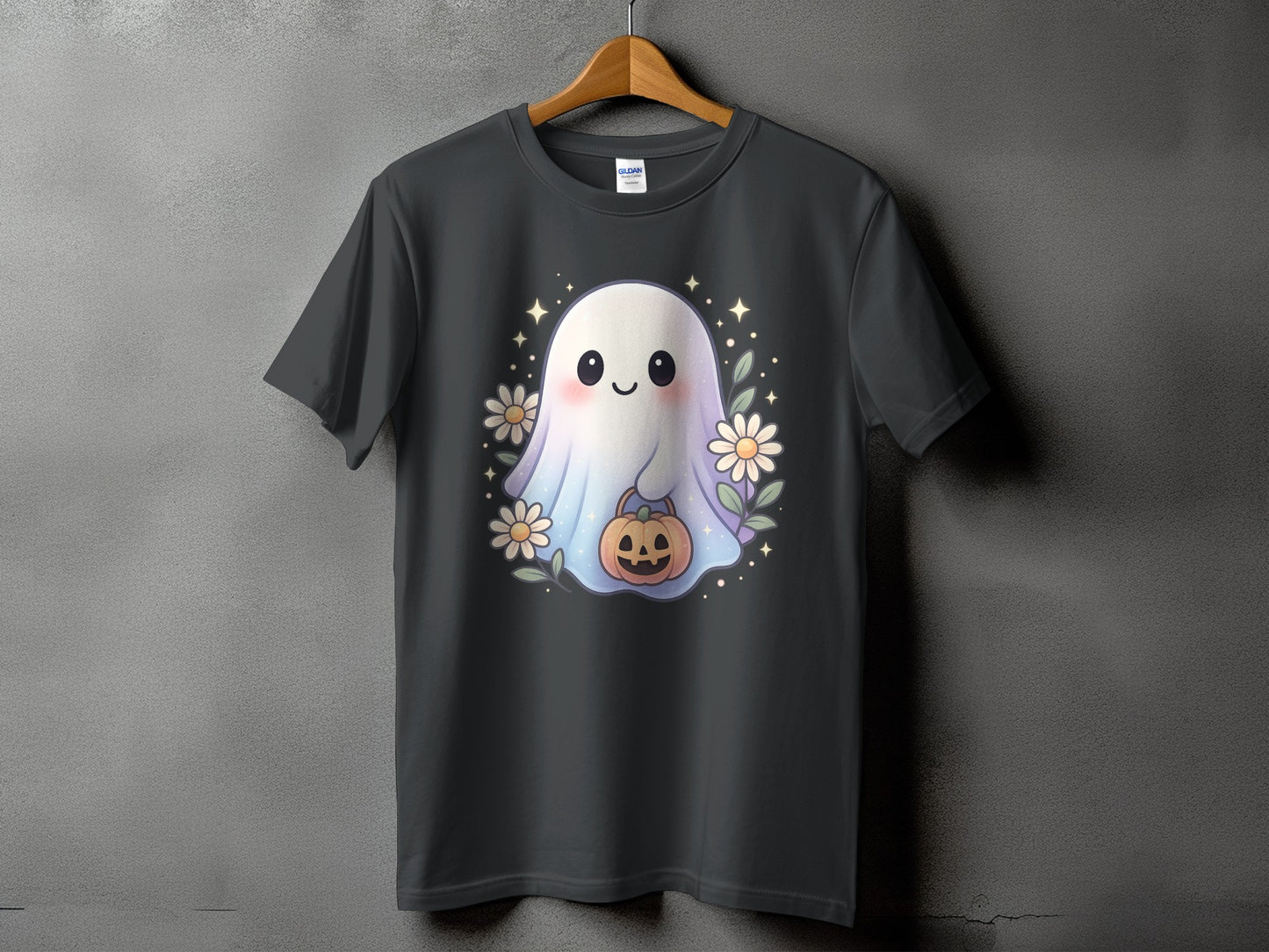Dark gray t-shirt with a cute ghost holding a pumpkin and surrounded by flowers.