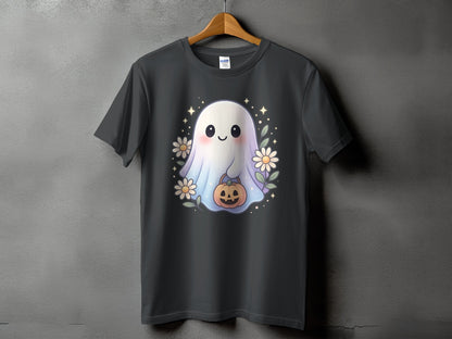 Dark gray t-shirt with a cute ghost holding a pumpkin and surrounded by flowers.