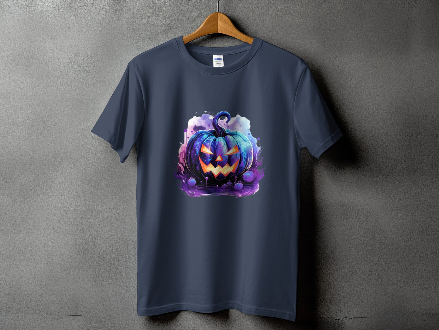 Navy t-shirt with a glowing blue jack-o'-lantern and purple smoke graphic.