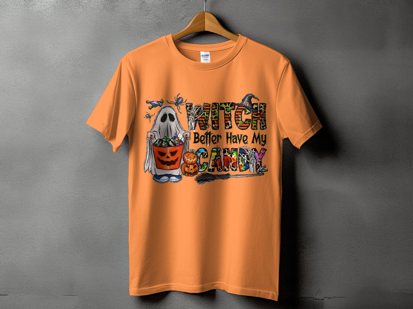 Orange t-shirt with "Witch Better Have My Candy" Halloween graphic.