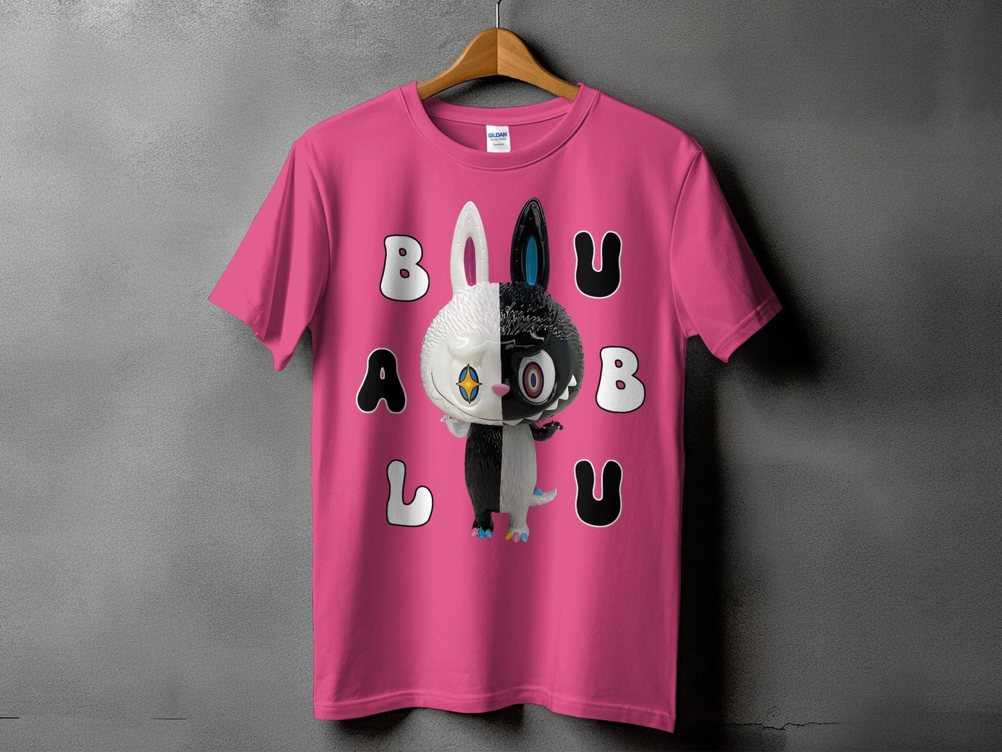 Pink t-shirt with black and white bunny character and "BALU" text.