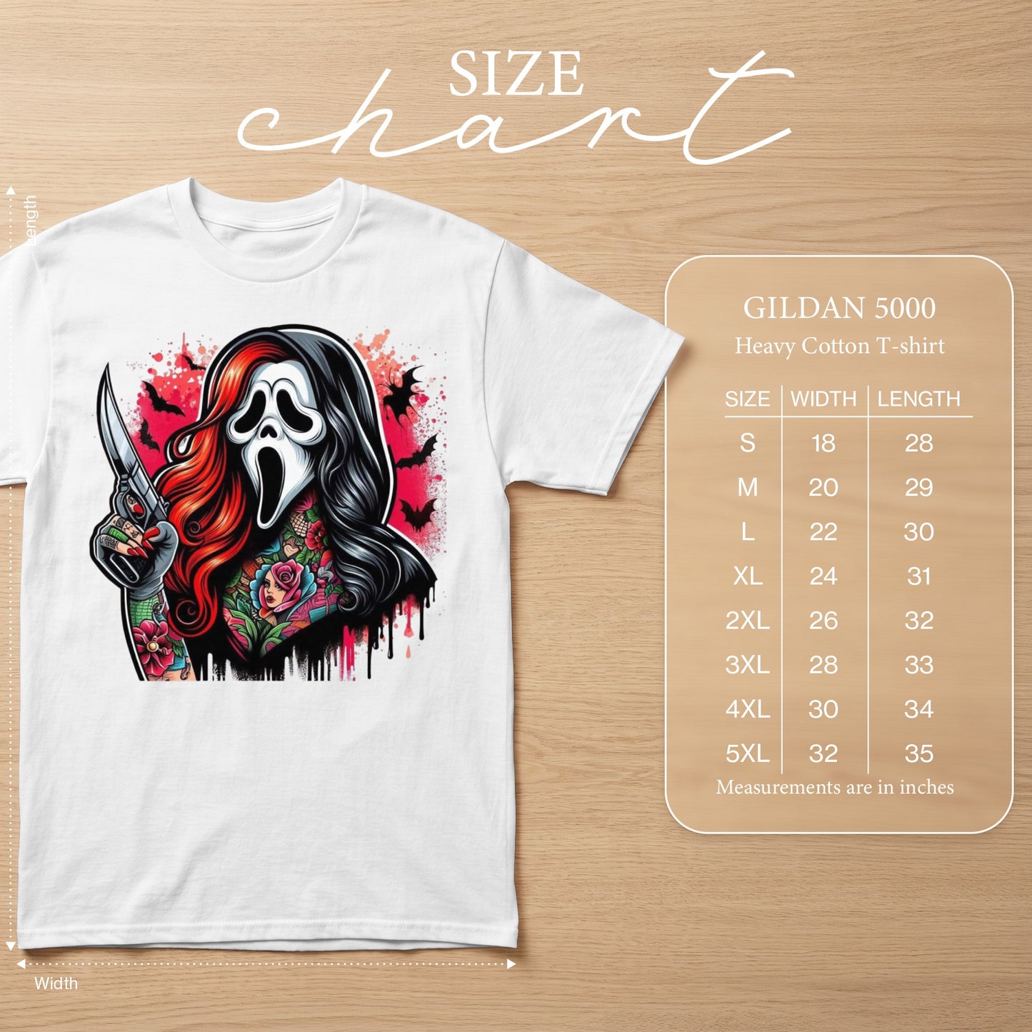 Gildan 5000 Heavy Cotton T-shirt with horror ghost graphic and size chart.