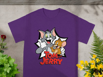 Purple t-shirt featuring Tom and Jerry characters in a graphic design.