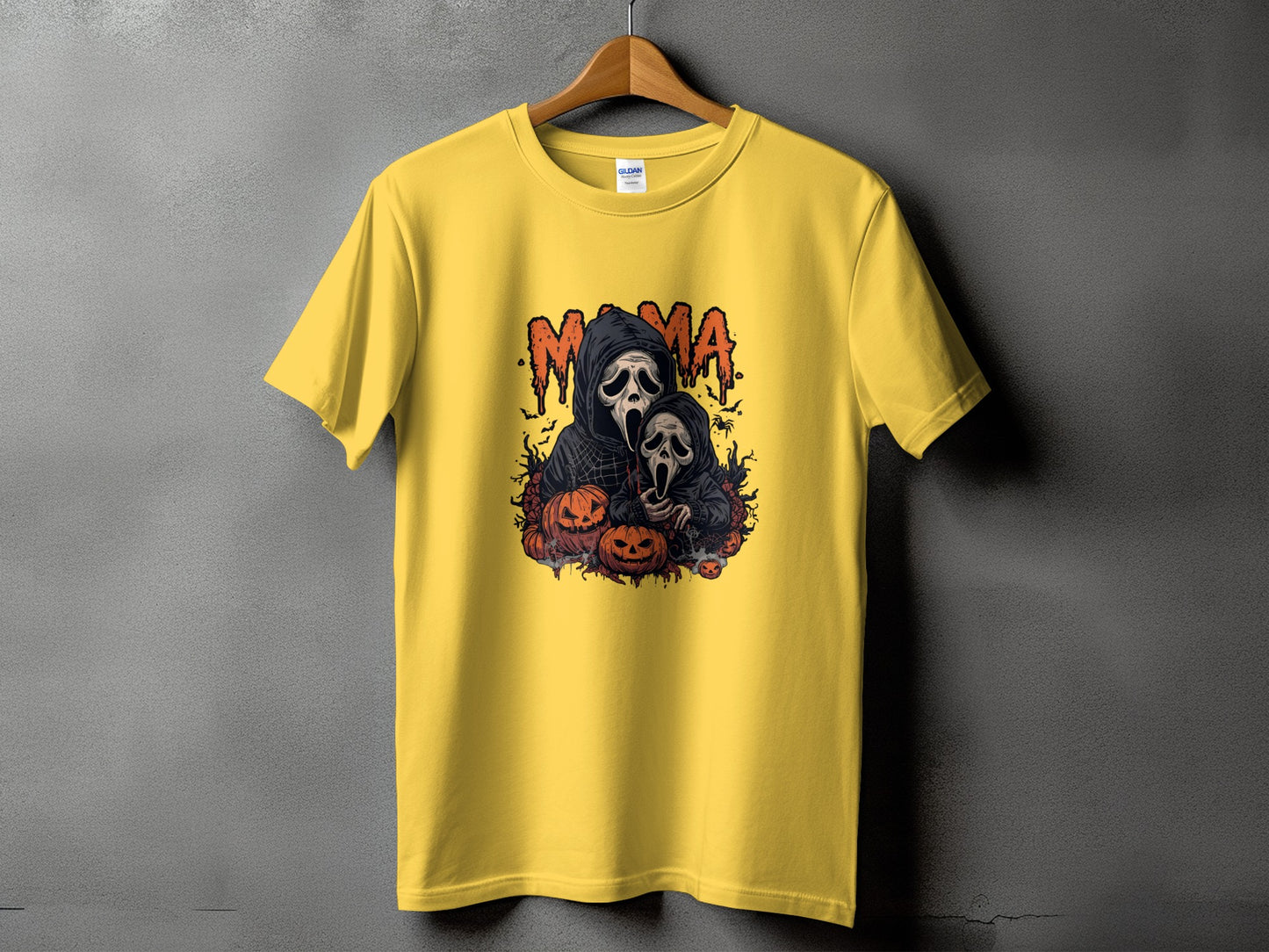 Yellow t-shirt with "Mama" text and horror-themed graphic.