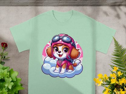Pink Skye from Paw Patrol sitting on a cloud, wearing goggles and a pilot's helmet.