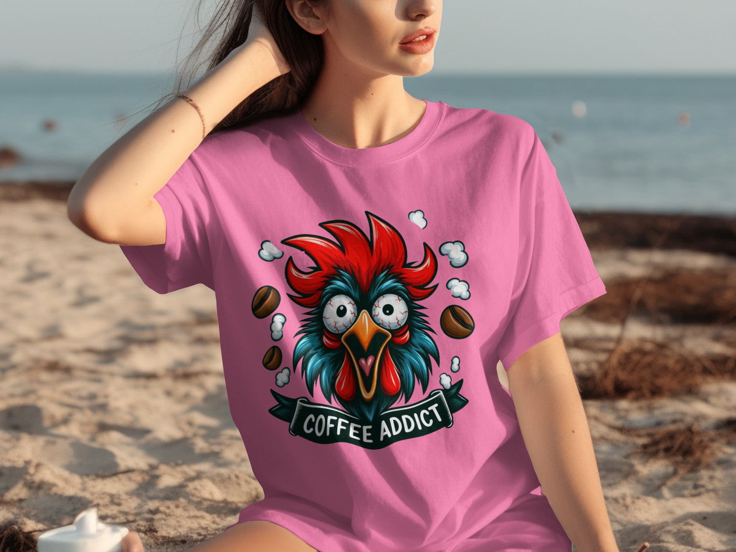 Coffee Addict Funny Chicken Graphic T-Shirt for Beach Days