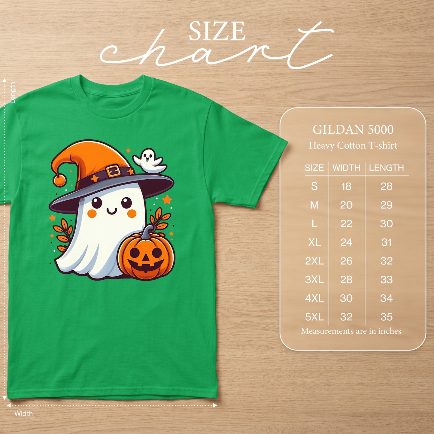 Green t-shirt with a cute ghost wearing a witch hat, holding a pumpkin. Size chart included.