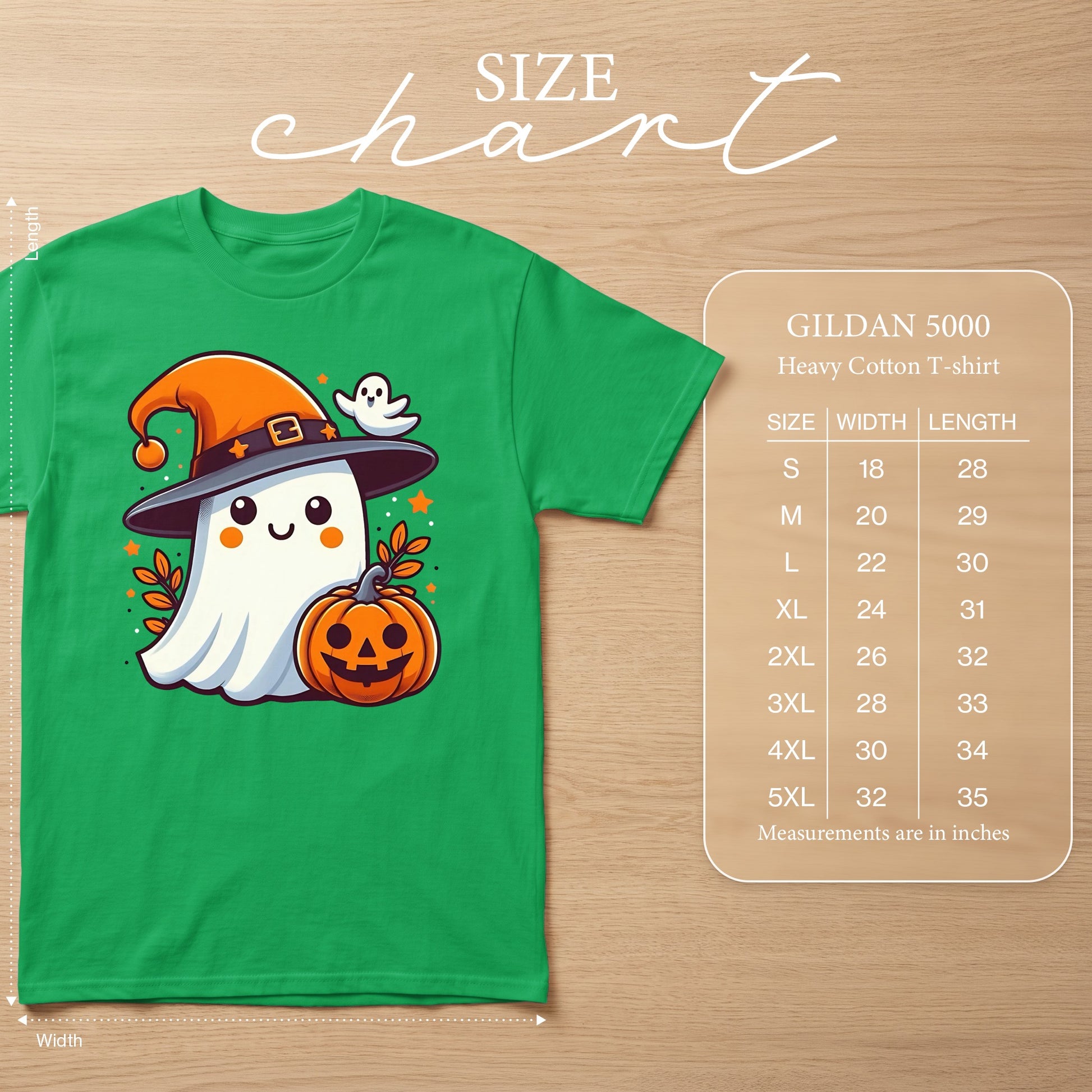 Green t-shirt with a cute ghost wearing a witch hat, holding a pumpkin. Size chart included.