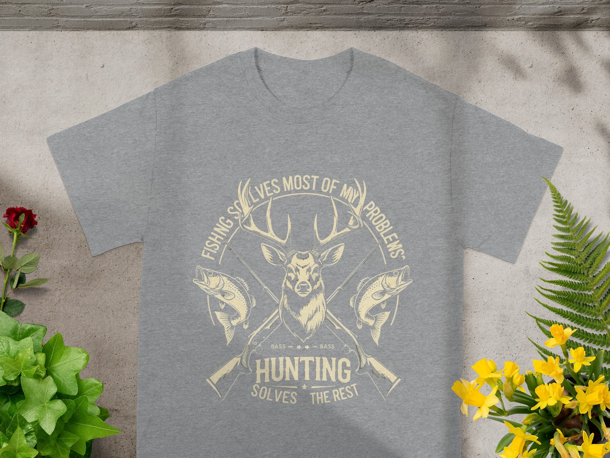 Grey t-shirt with deer, fish, guns, and text "FISHING SOLVES MOST OF MY PROBLEMS HUNTING SOLVES THE REST".
