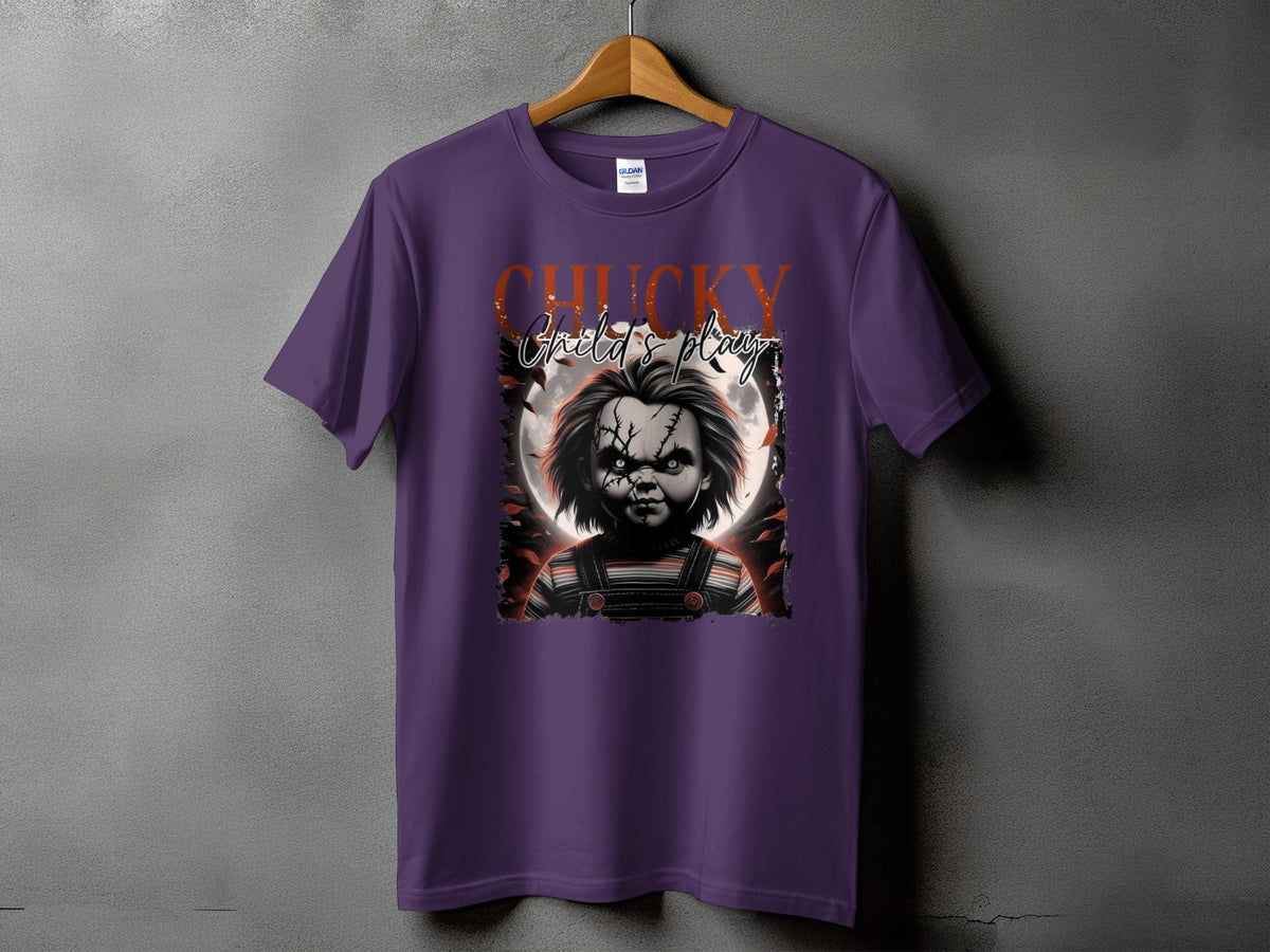 Purple t-shirt with Chucky and "Child's Play" text graphic.