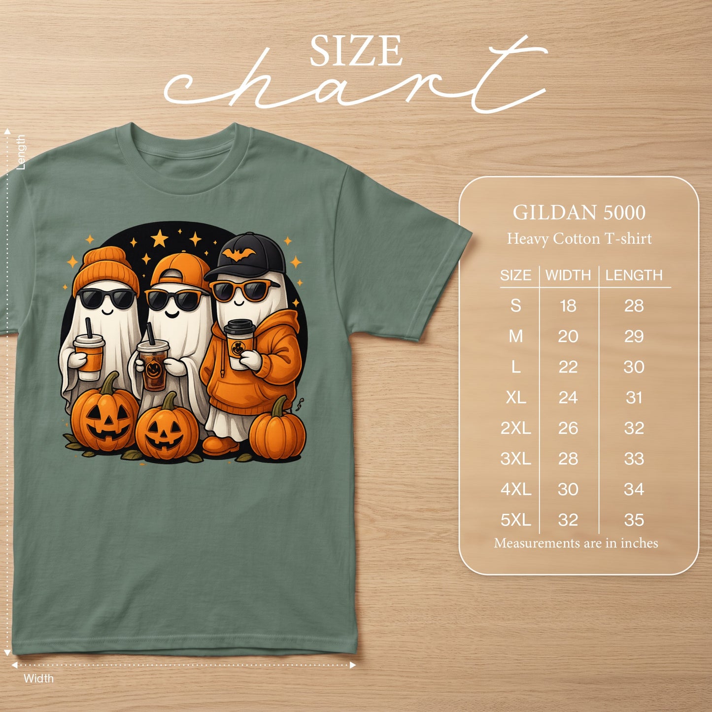 Gildan 5000 Heavy Cotton T-shirt size chart with cartoon ghosts and pumpkins.