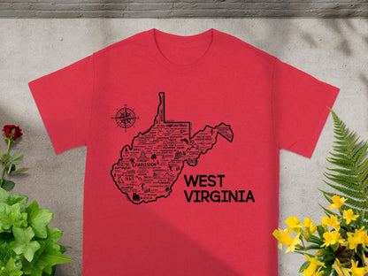 West Virginia State Map and Compass Design T-Shirt