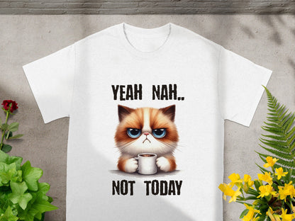 Yeah Nah Not Today Cute Grumpy Cat Holding Coffee Shirt