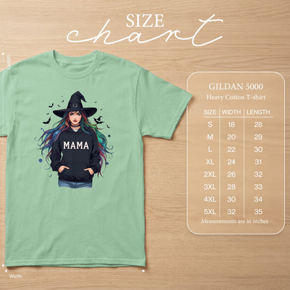Light green Gildan 5000 heavy cotton t-shirt with "MAMA" graphic and size chart.